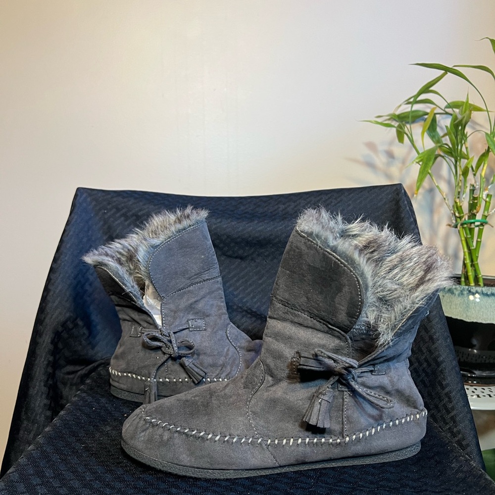 Madden Girl Gray Moccasin Boots with Faux Fur